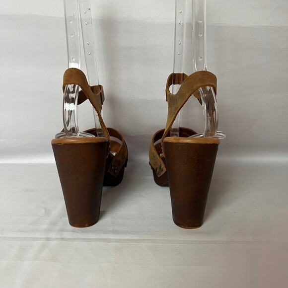 Mila Paoli Brown Distressed Leather Chunky Block Heel Sandals Size 8.5 - Picture 4 of 8